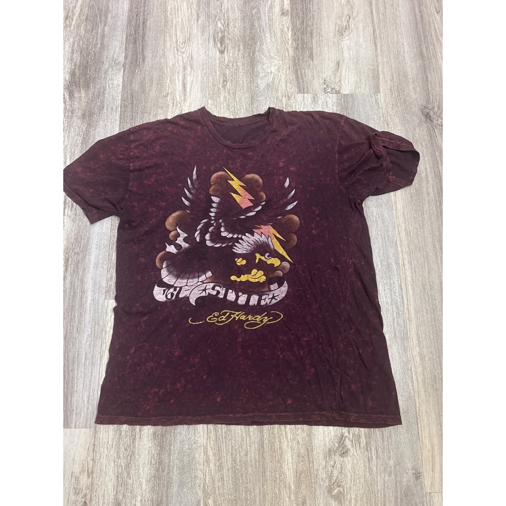 Ed Hardy Mens Eagle Lightning Bolt Acid Wash T-Shirt Burgundy Large Vintage
